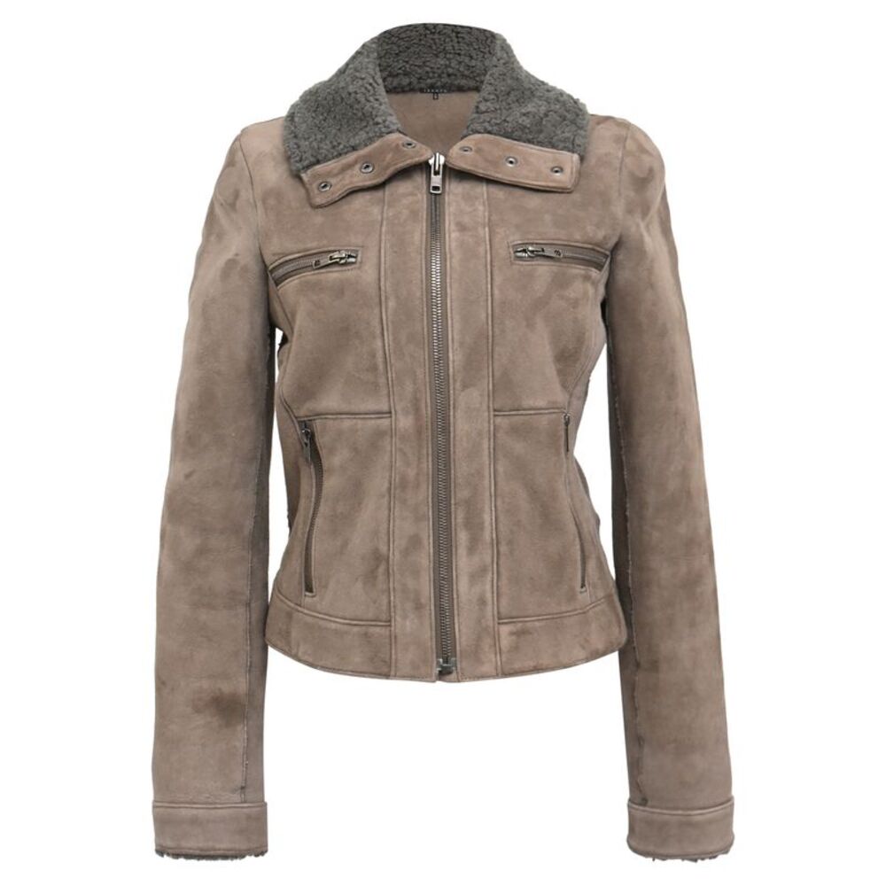 Theory Zipped Shear-Lined Jacket with Pockets in Brown Suede